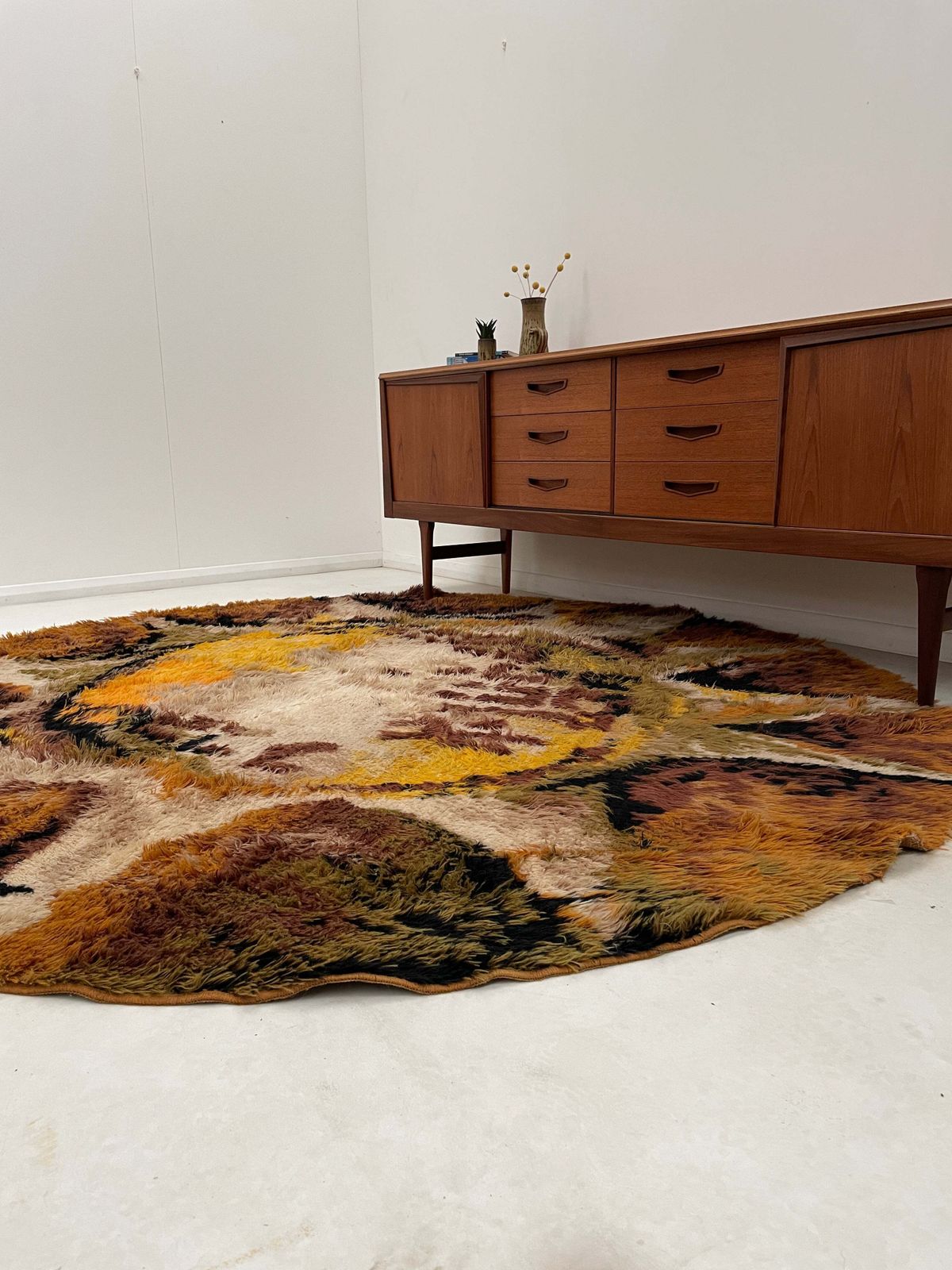 Textiles 1970s Round Shaggy Rya Rug In Brown Cream Mustard photo