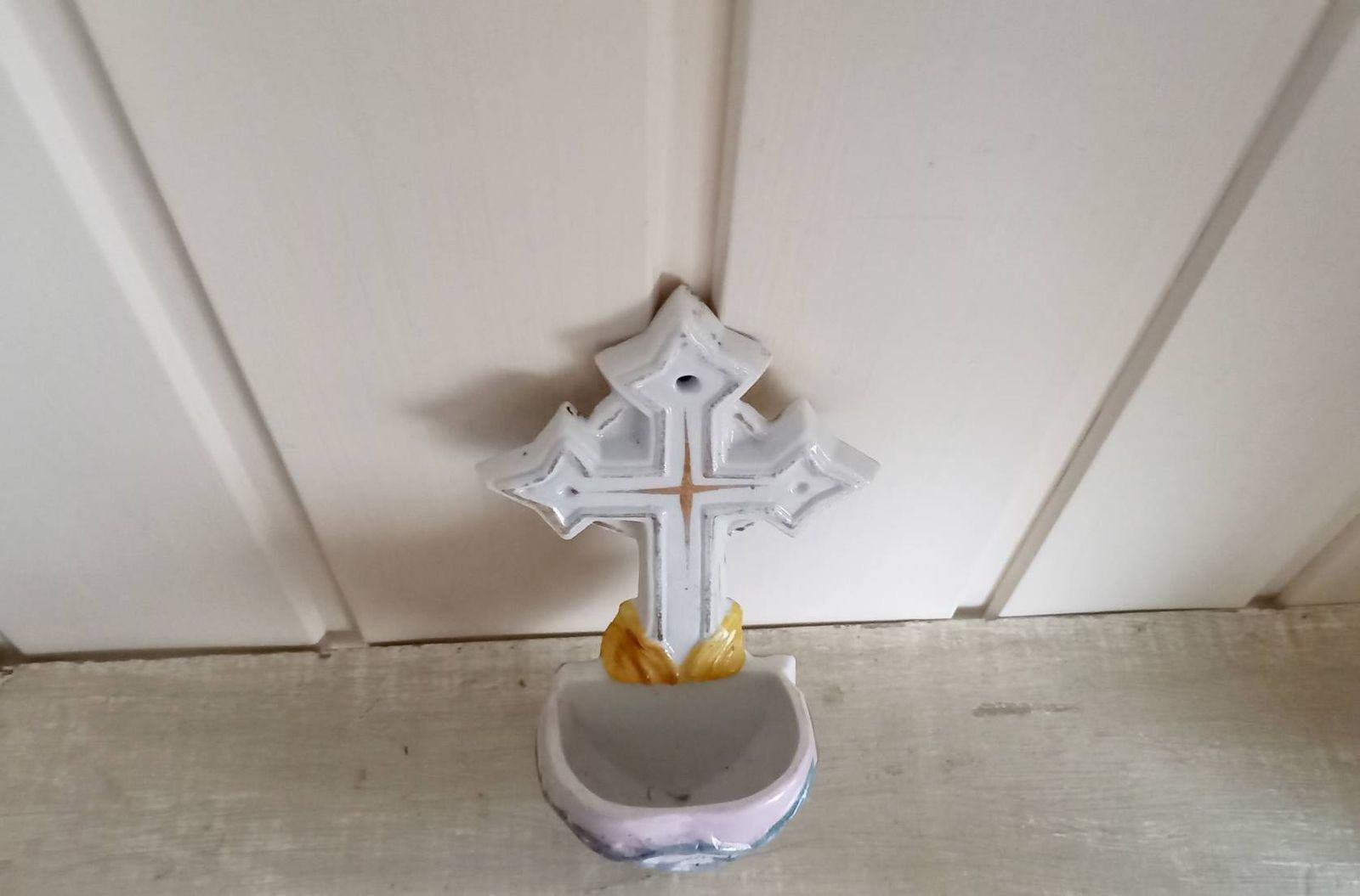 Faience Holy Water Font Stoup Sacred Heart Vintage French photo vinterior