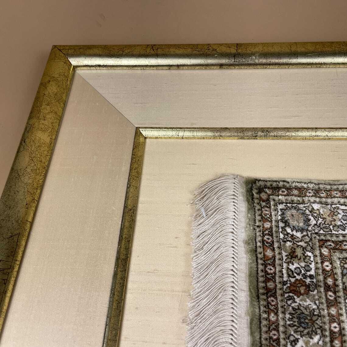 photo furniture Middle Eastern Silk Miniature Rug Framed Handwoven Carpet Textile Wall Art Decor Artwork Luxury Home Accent Gold Wooden Frame