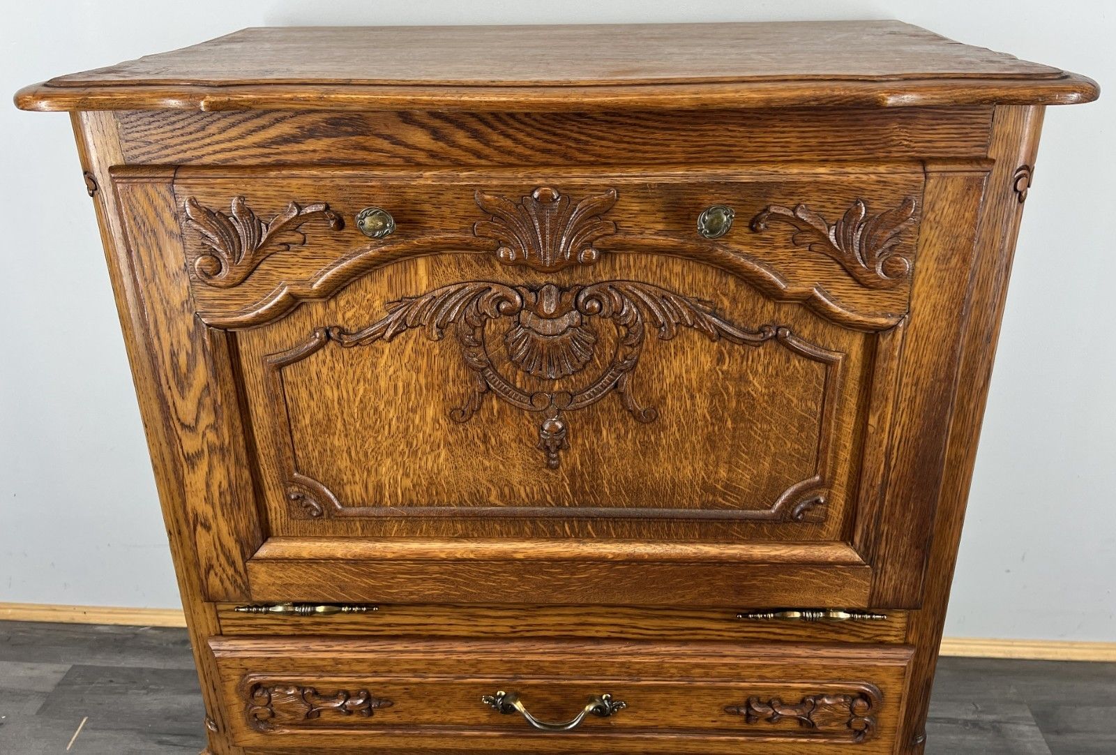 Cabinet Vintage French Louis XVI Oak Carved Drop Front Cupboard Lot 4345 photo 369.0