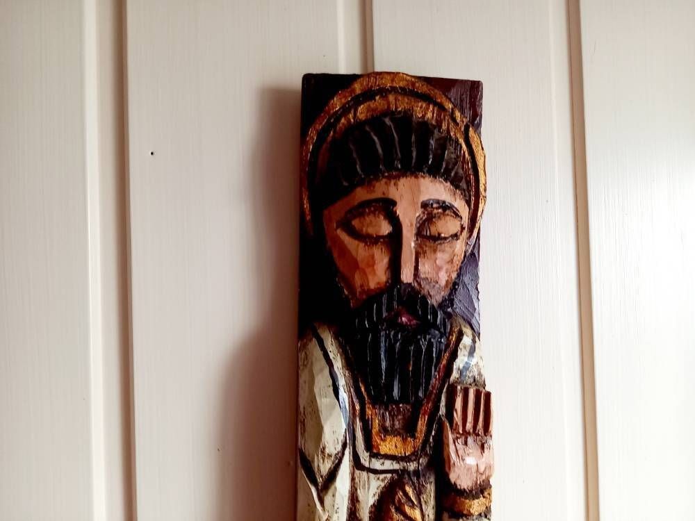 Candle Holder Saint Statue Carved Wood Sconce