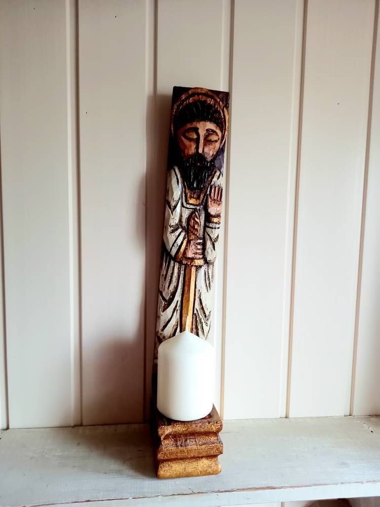 Candle Holder Saint Statue Carved Wood Sconce photo vinterior