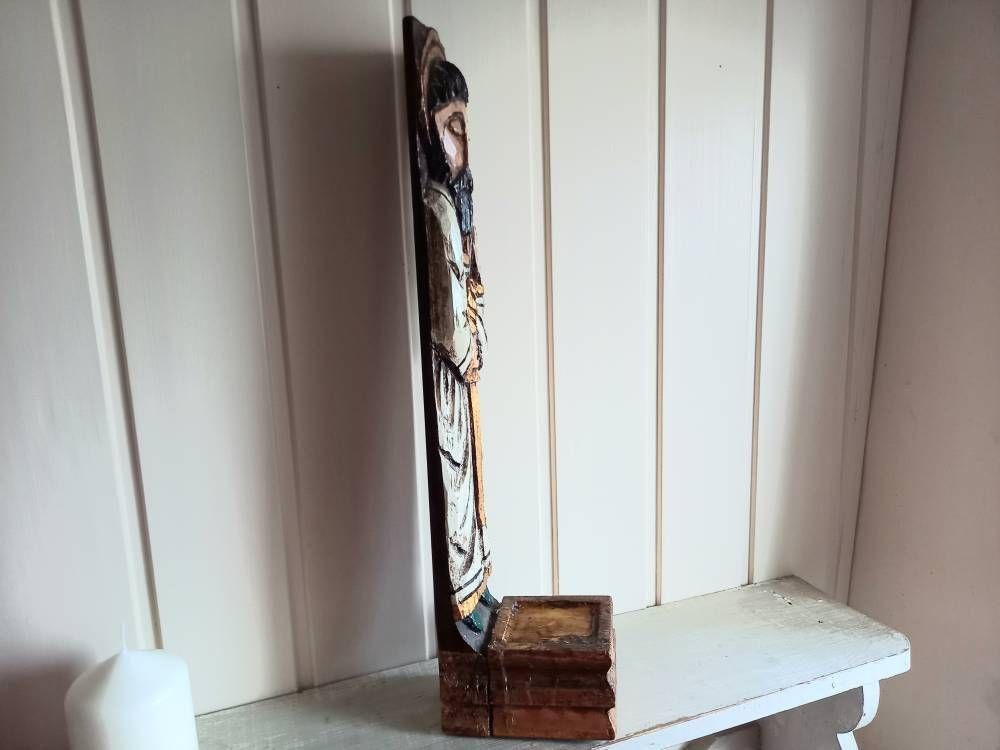 photo furniture Candle Holder Saint Statue Carved Wood Sconce