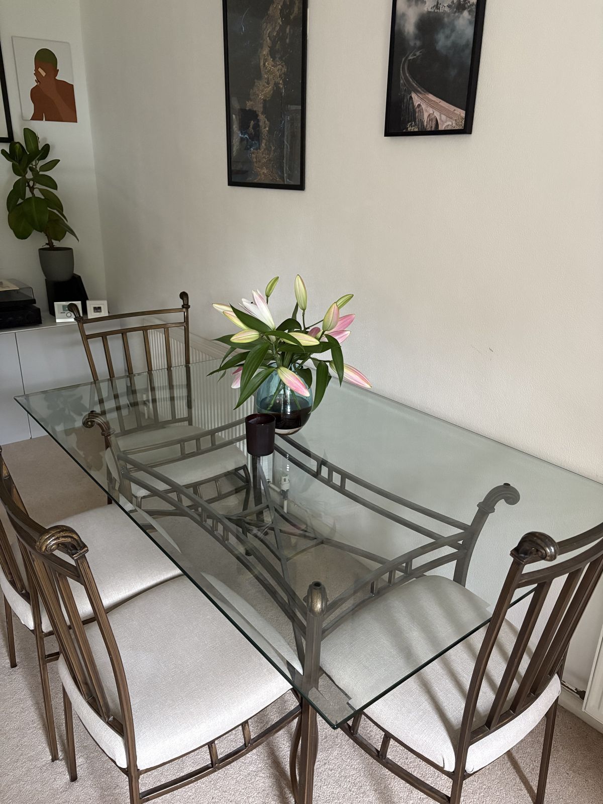Modern Glass Dining Table With 6 Upholstered Chairs (Brass Tone Frame, Contemporary Luxe, Mid Century Inspired) photo for sale
