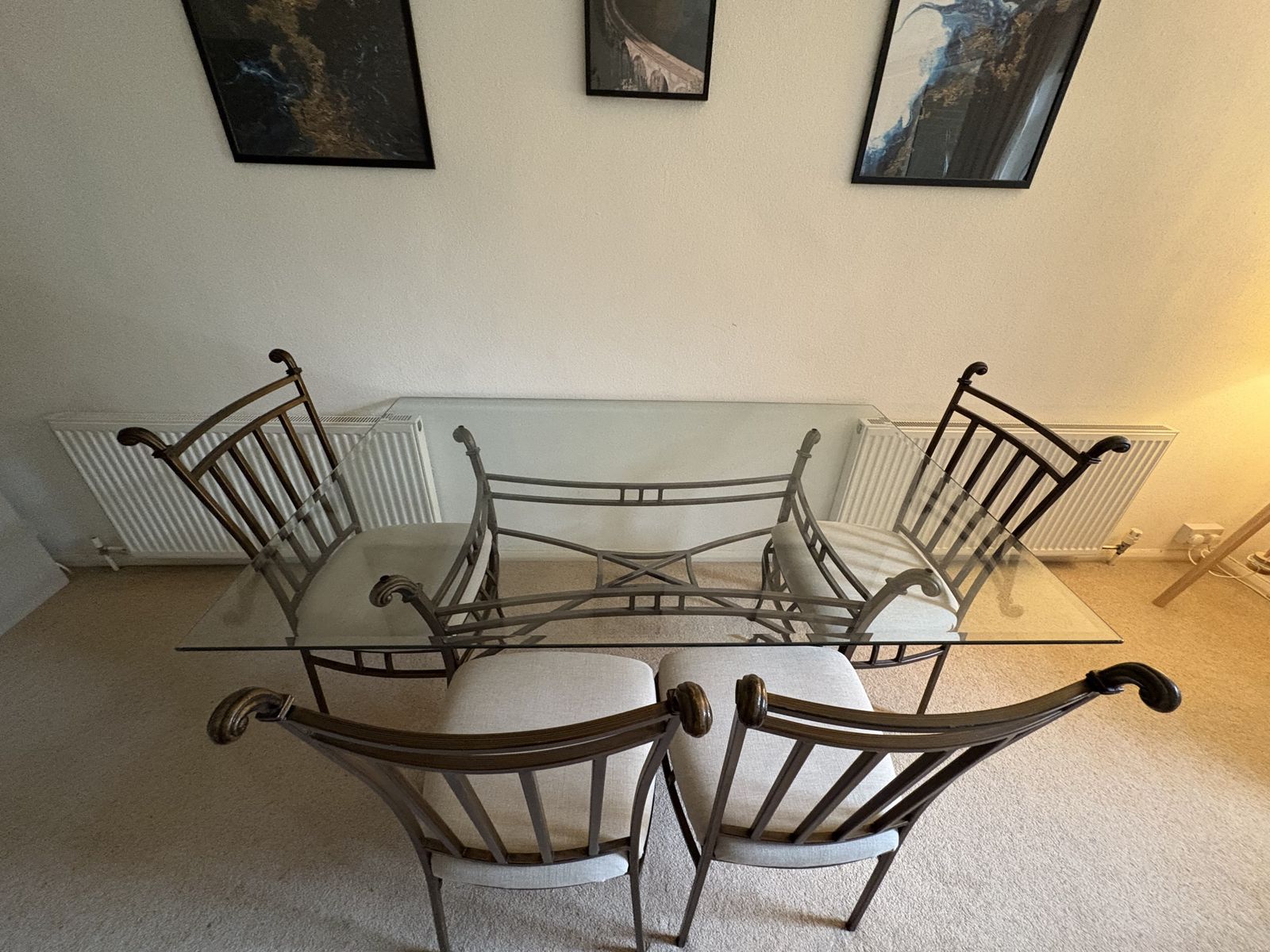 Modern Glass Dining Table With 6 Upholstered Chairs (Brass Tone Frame, Contemporary Luxe, Mid Century Inspired) photo Furniture