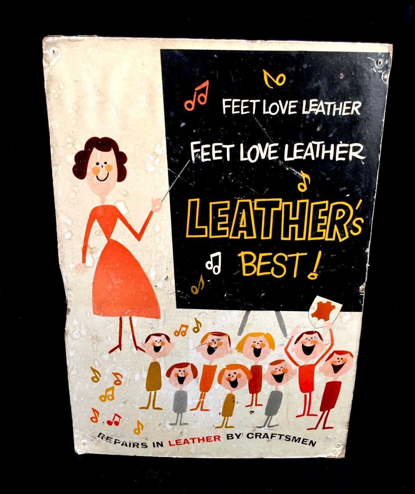 Antique Advertising Shoe Cobbler Shop Display Showcard Sign Leather Shoes 1950