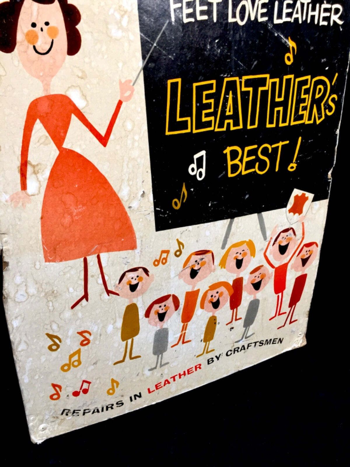 Antique Advertising Shoe Cobbler Shop Display Showcard Sign Leather Shoes 1950 photo for sale