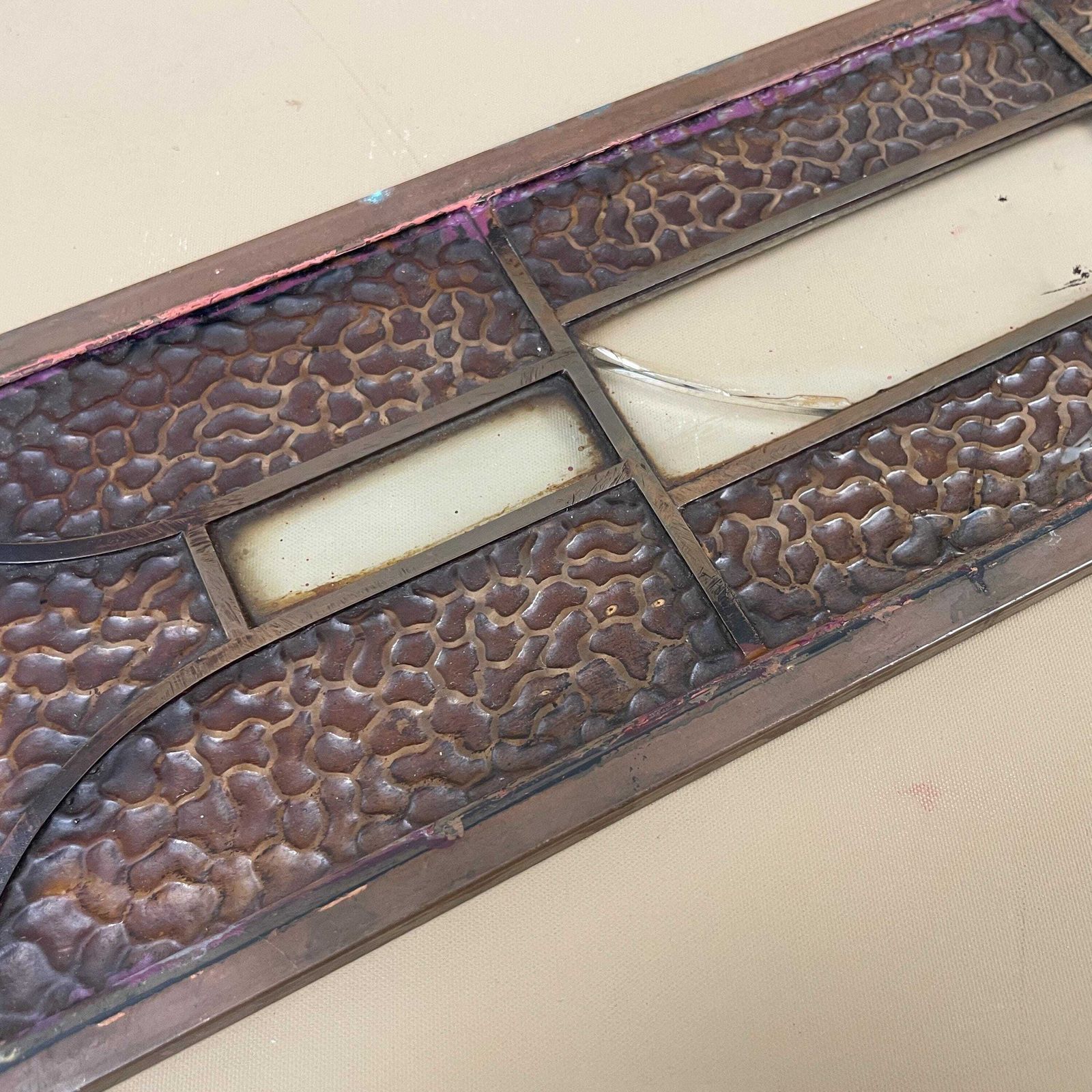 photo for sale Antique Metal Glass Panels Set Of Four Art Nouveau Gothic Architectural Grilles Beveled Inserts Vintage Door Window Furniture Salvage Copper