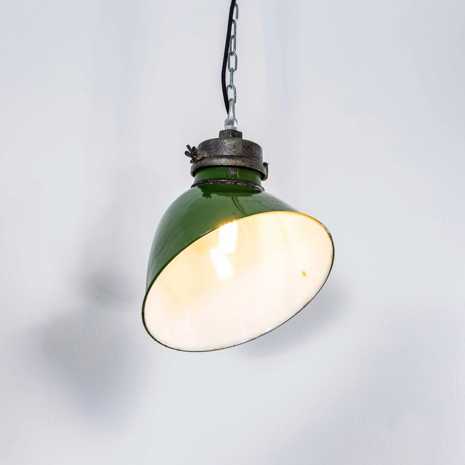 1940’s Racing Green Cast Top Gec Enamelled Pendant Lamps – Pair photo 670.0