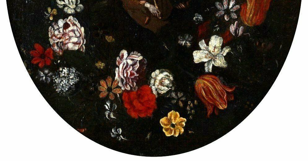 Oil Painting On Canvas, Italian School, Virgin And Child On A Garland Of Flowers photo 1821.0