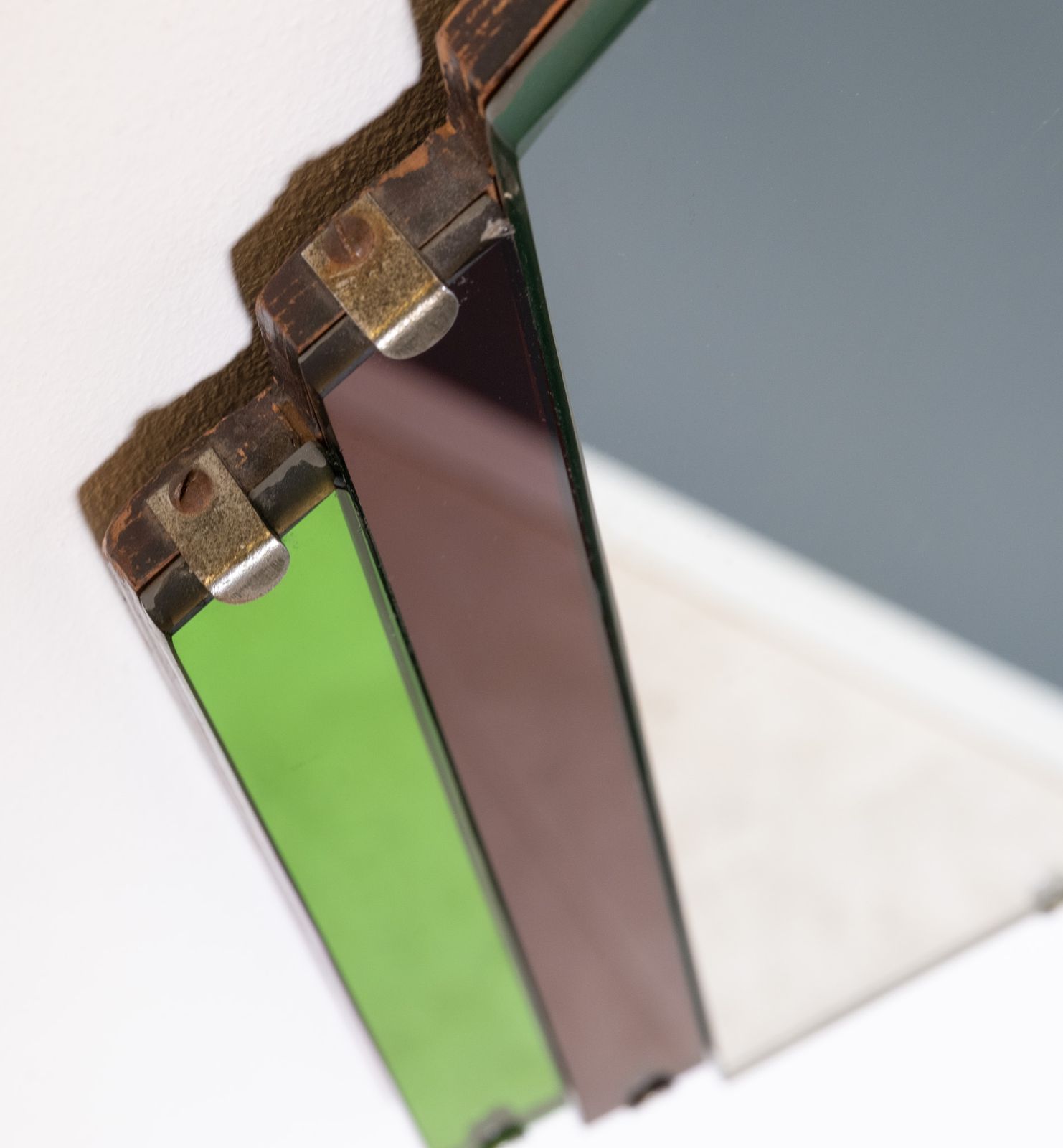 Original English Art Deco Geometric Wall Mirror Red & Green 1930 photo for sale