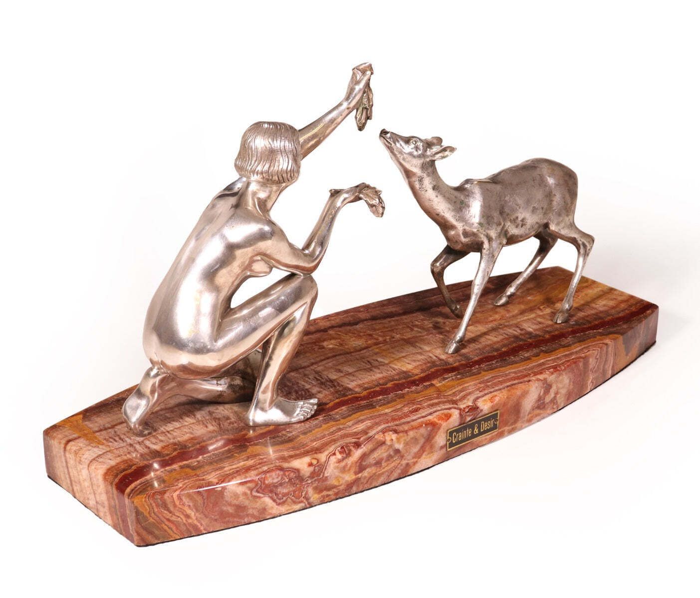 Art Deco Silvered Bronze Of Lady Feeding Deer By D’arte C1930 photo furniture
