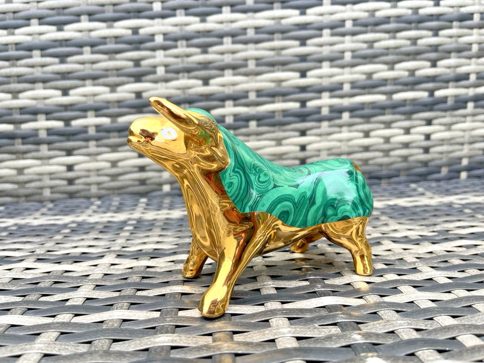 Mid Century Modern Spanish Porcelain Estil Artur Malachite & Gold Stylised Bull