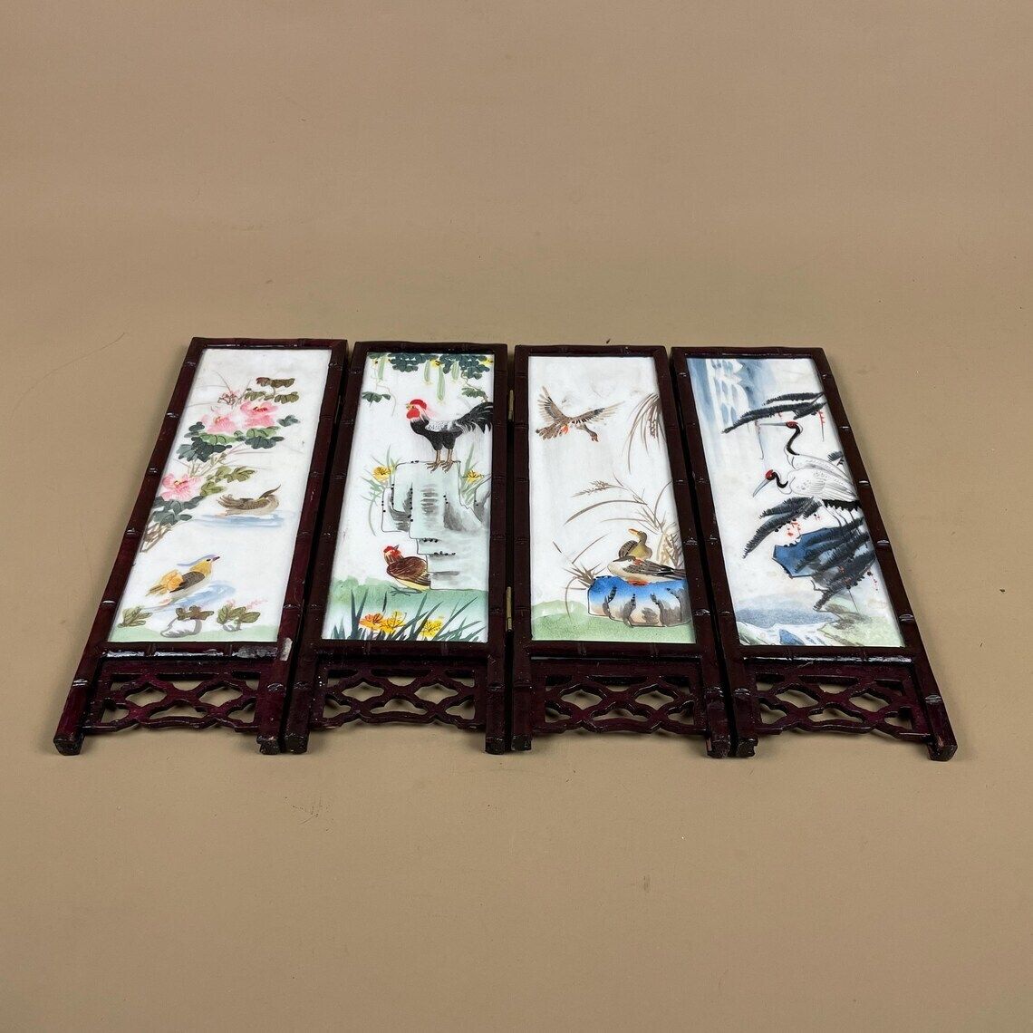 Antique Mini Table Top Oriental Japanese Wooden Divider Privacy Screen Vintage Folding Pattern Ceramic Tile Hand Painted Geisha Birds photo Home Decor