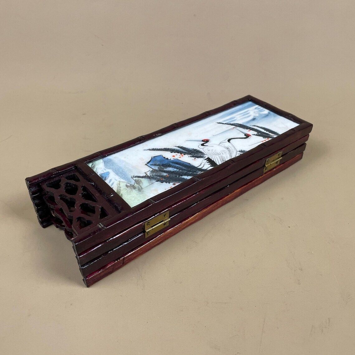 photo vinterior Antique Mini Table Top Oriental Japanese Wooden Divider Privacy Screen Vintage Folding Pattern Ceramic Tile Hand Painted Geisha Birds