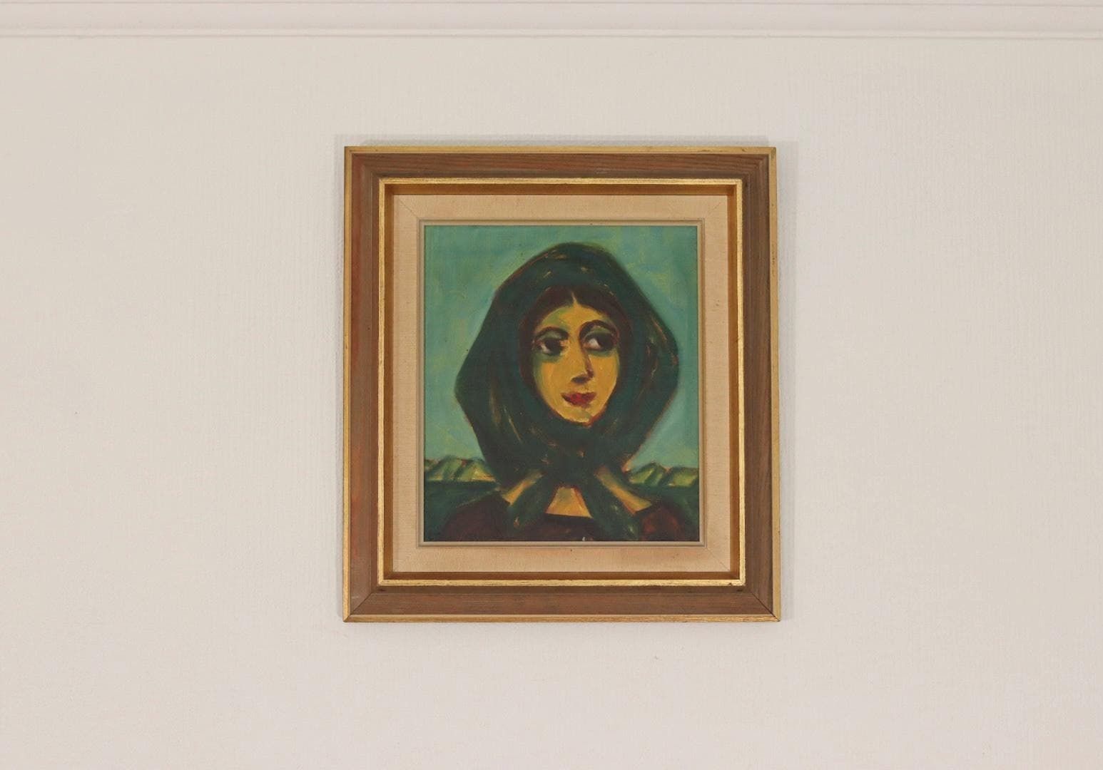 Original Danish Oil On Canvas – “Woman In Scarf” By Erik Larsen (1902–1965) – Vintage & Framed  41 × 45 Cm (16.1" × 17.7") photo for sale