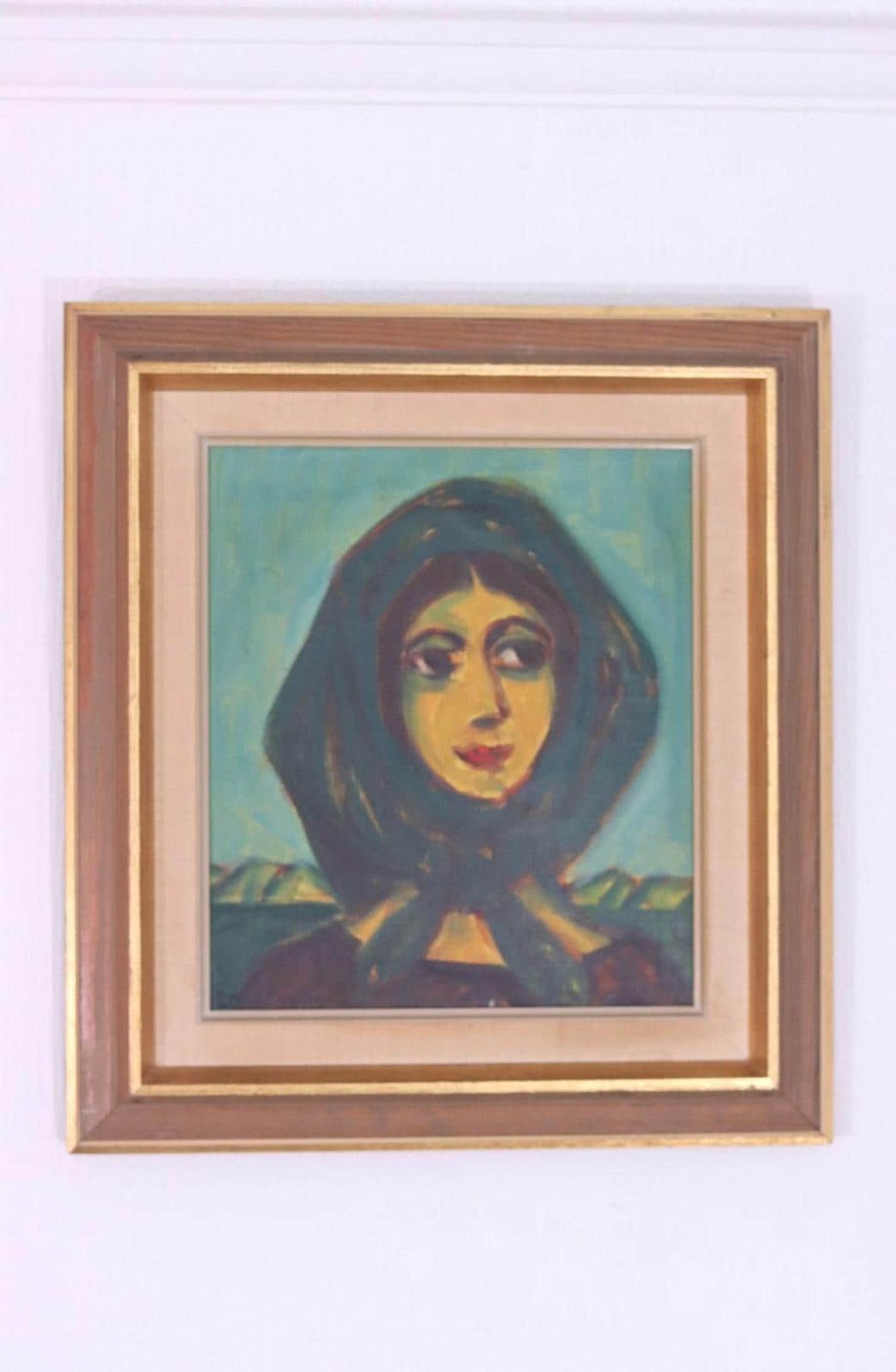Original Danish Oil On Canvas – “Woman In Scarf” By Erik Larsen (1902–1965) – Vintage & Framed  41 × 45 Cm (16.1" × 17.7") photo vinterior