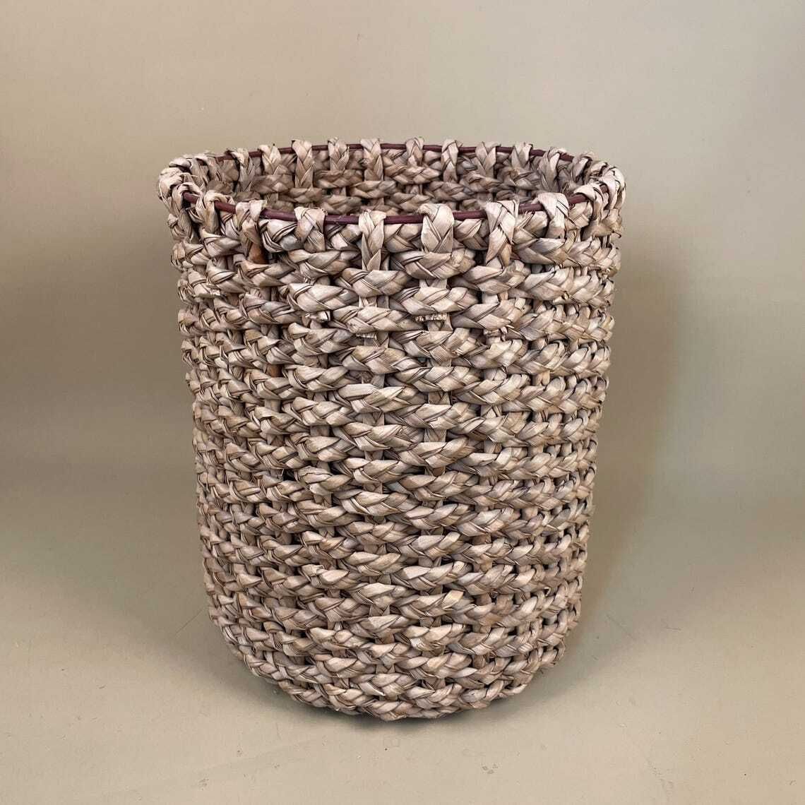 Cylinder Basket Woven Wicker Brown Storage Vintage Round Circular Wood Cottage Farmhouse Bin Trash Handmade Antique Planter Pot Metal