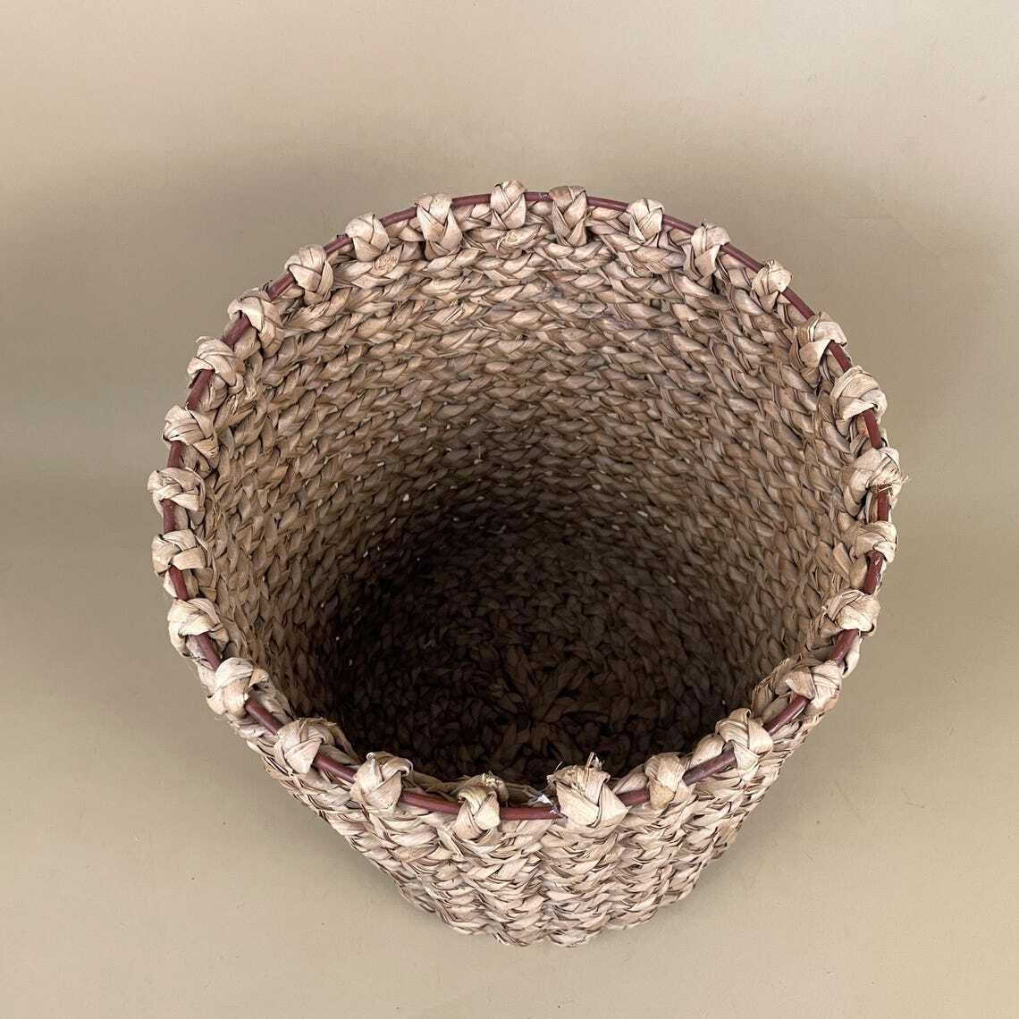 Cylinder Basket Woven Wicker Brown Storage Vintage Round Circular Wood Cottage Farmhouse Bin Trash Handmade Antique Planter Pot Metal photo Home Decor
