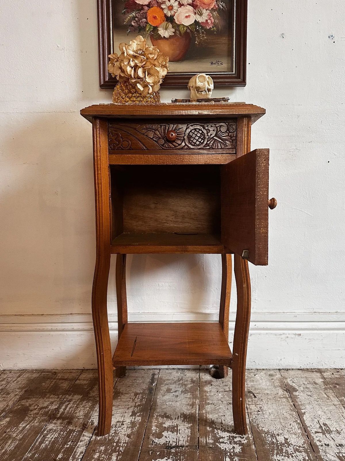 French Marble Top Bedside W/ Deco Carved Panels C1930 photo vinterior