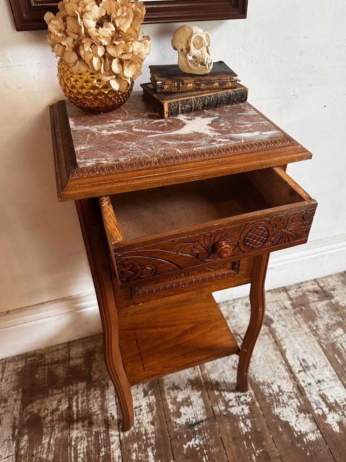 French Marble Top Bedside W/ Deco Carved Panels C1930 photo buy