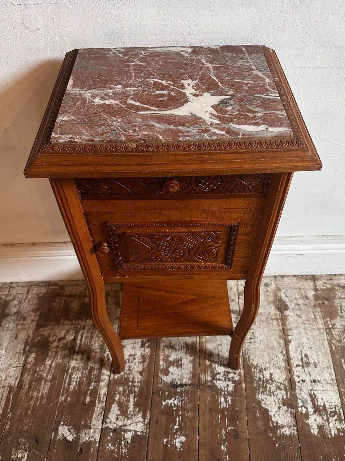 French Marble Top Bedside W/ Deco Carved Panels C1930 photo vintage