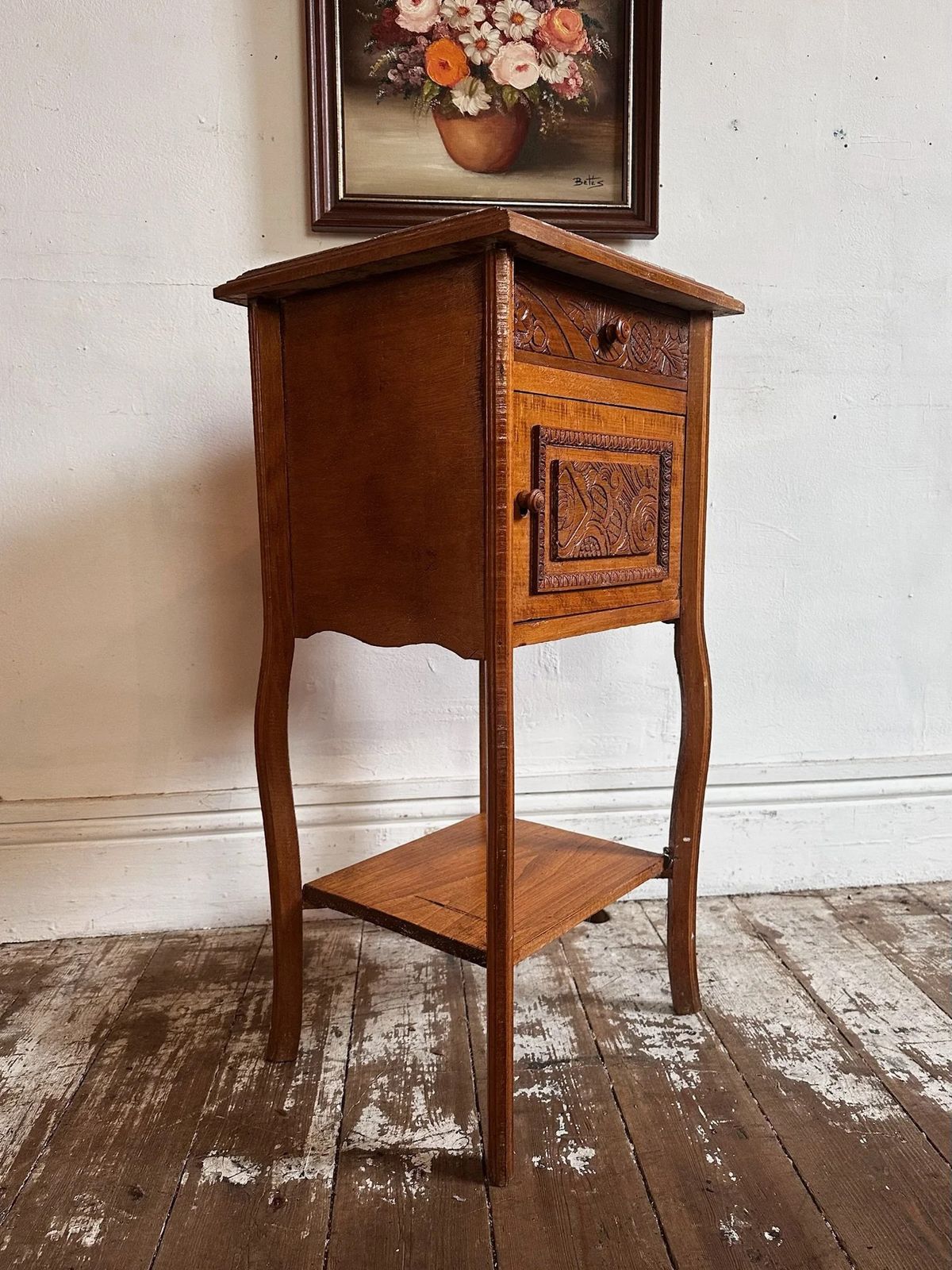 photo for sale French Marble Top Bedside W/ Deco Carved Panels C1930