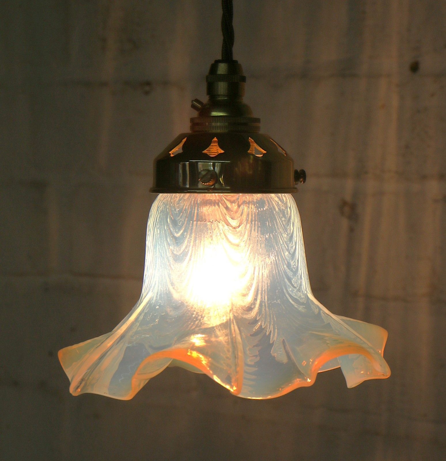 Ceiling Light An Antique Small Glass Opalescent Frilled Lampshade New Fittings photo for sale