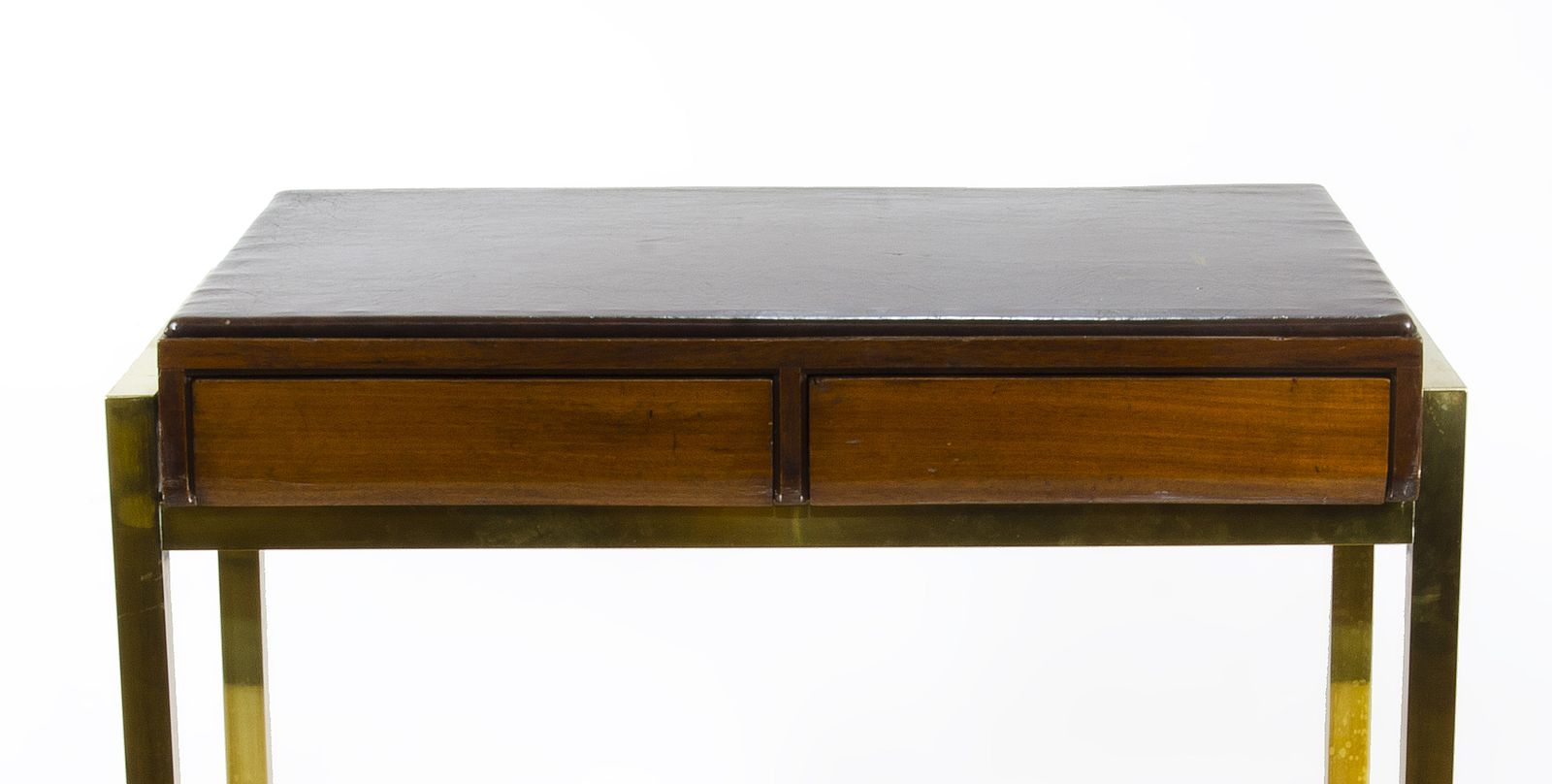 1940s Jansen Style Modern Wooden 2 Drawer Desk With Bronze Accents And Leather Surface, France photo for sale