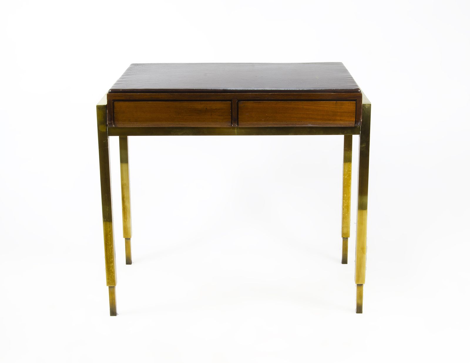 1940s Jansen Style Modern Wooden 2 Drawer Desk With Bronze Accents And Leather Surface, France photo vinterior