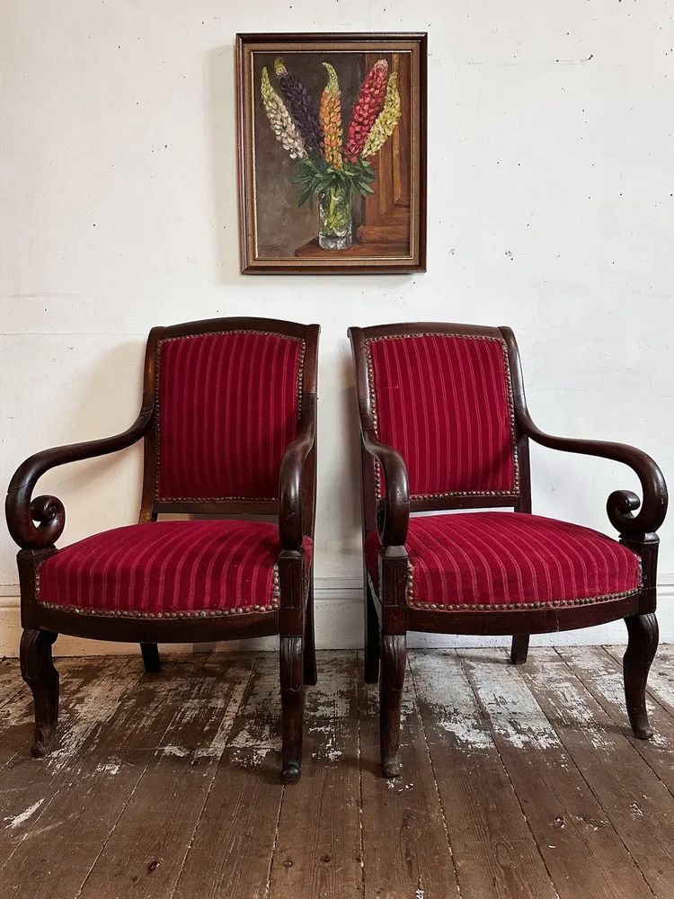 French Empire Armchairs In Red Velvet And Mahogany C1830