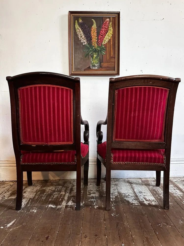 French Empire Armchairs In Red Velvet And Mahogany C1830 photo vintage