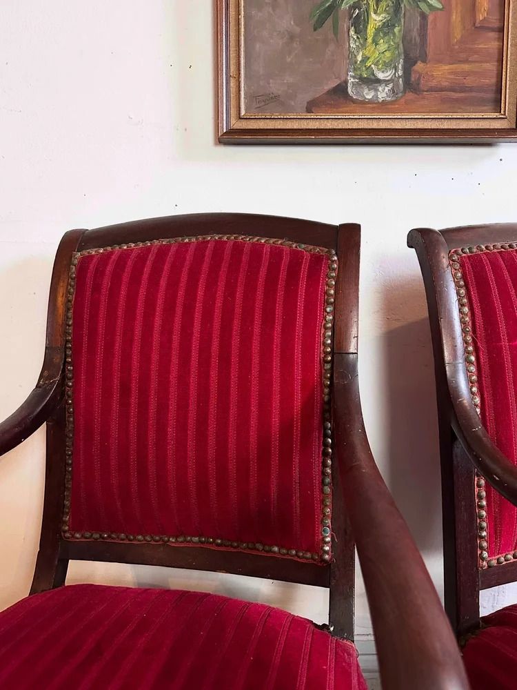 Furniture French Empire Armchairs In Red Velvet And Mahogany C1830 photo