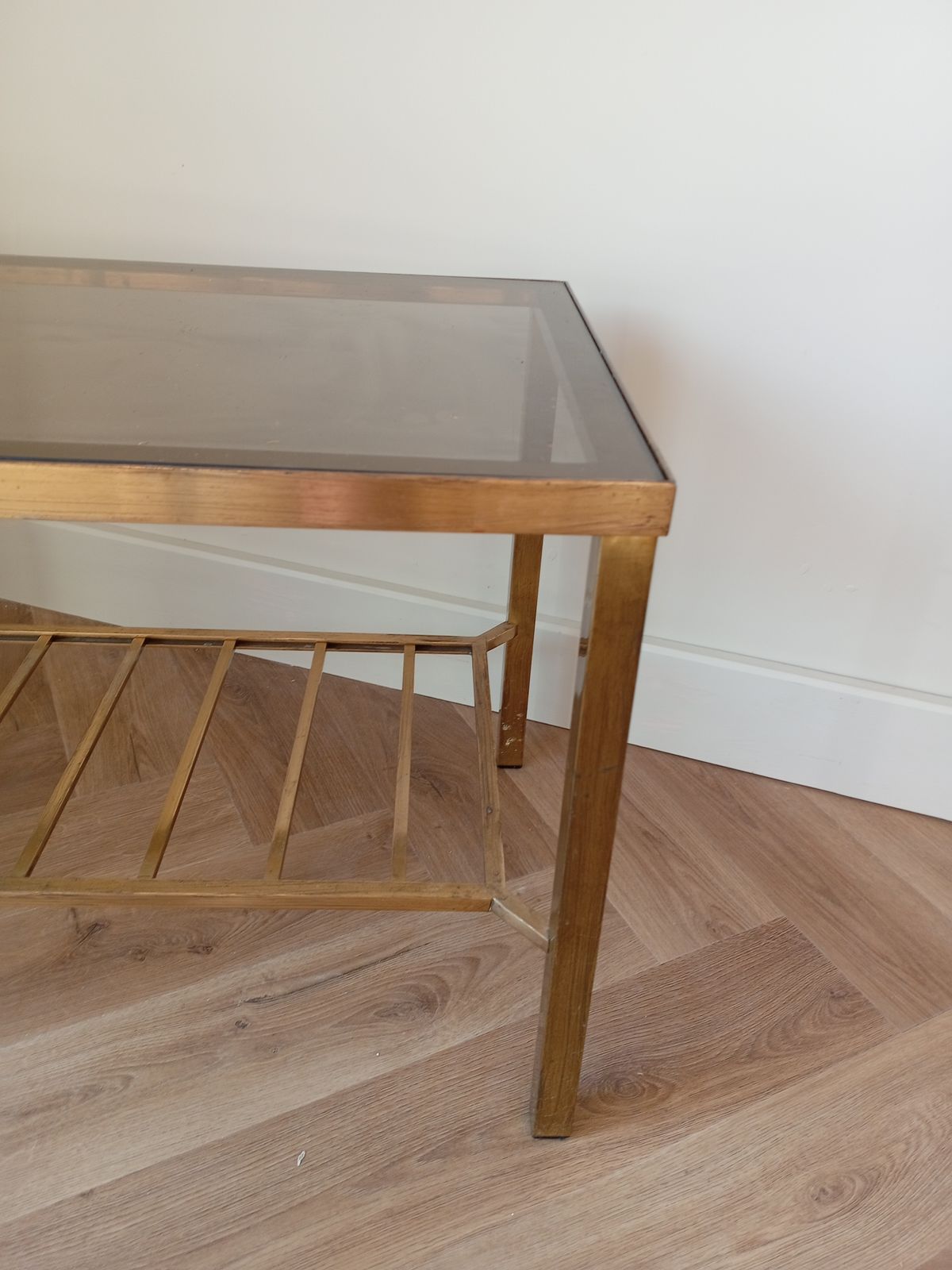 Mid Century  Brass And Glass Rectangle  Coffee Table With Two Tiers In The Maison Jensan Style photo for sale