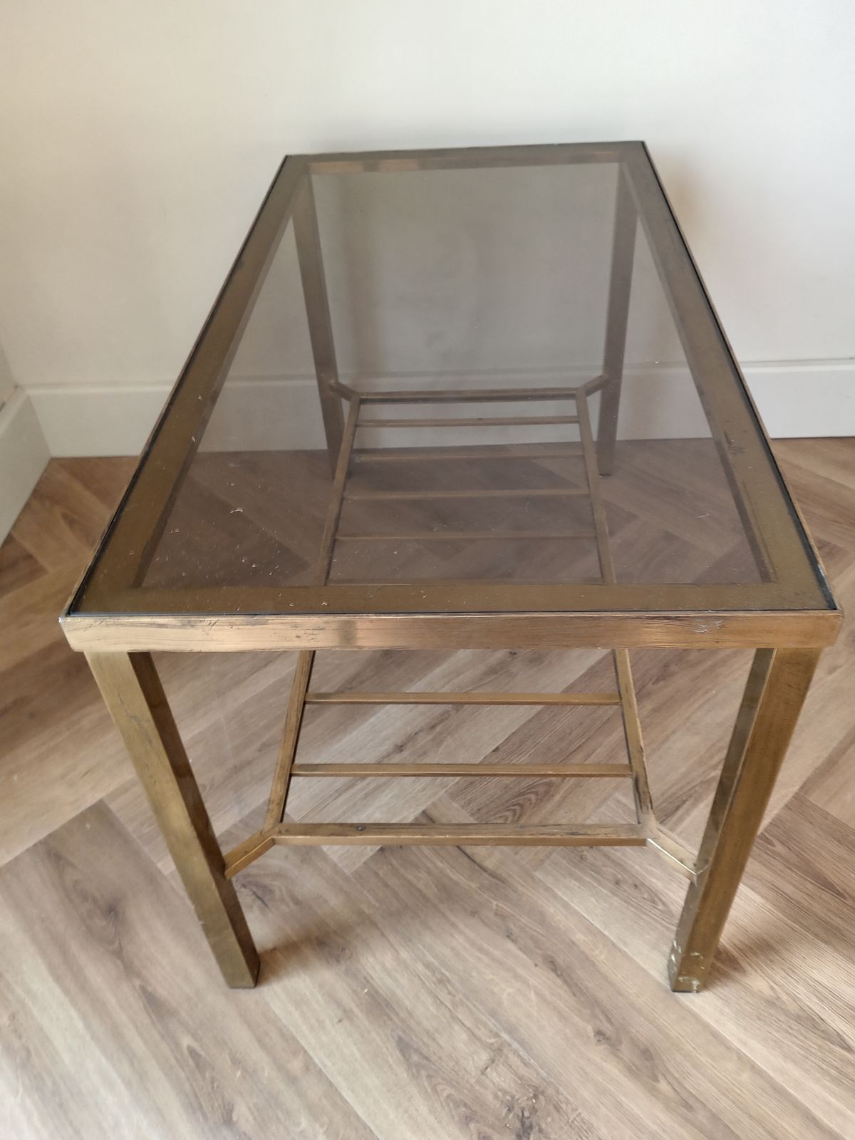 Mid Century  Brass And Glass Rectangle  Coffee Table With Two Tiers In The Maison Jensan Style photo buy