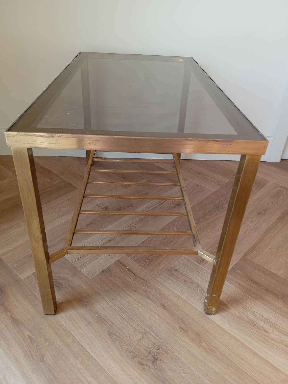 Mid Century  Brass And Glass Rectangle  Coffee Table With Two Tiers In The Maison Jensan Style photo vintage