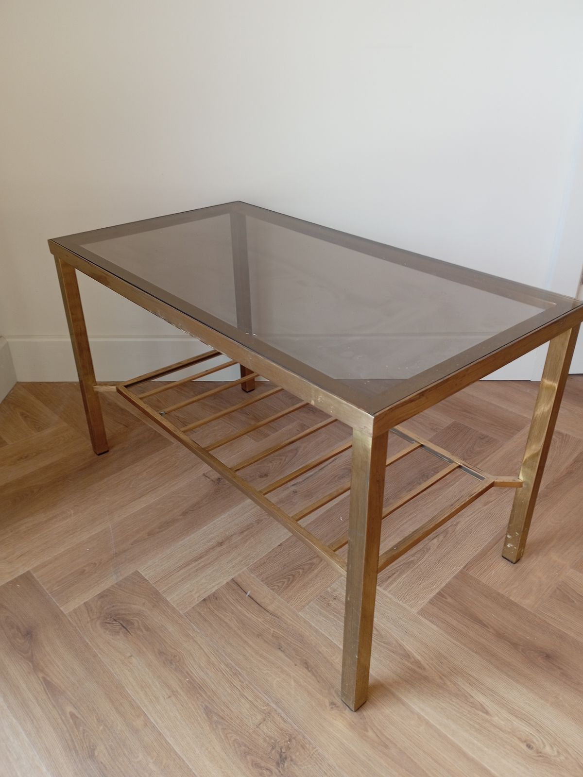 photo furniture Mid Century  Brass And Glass Rectangle  Coffee Table With Two Tiers In The Maison Jensan Style