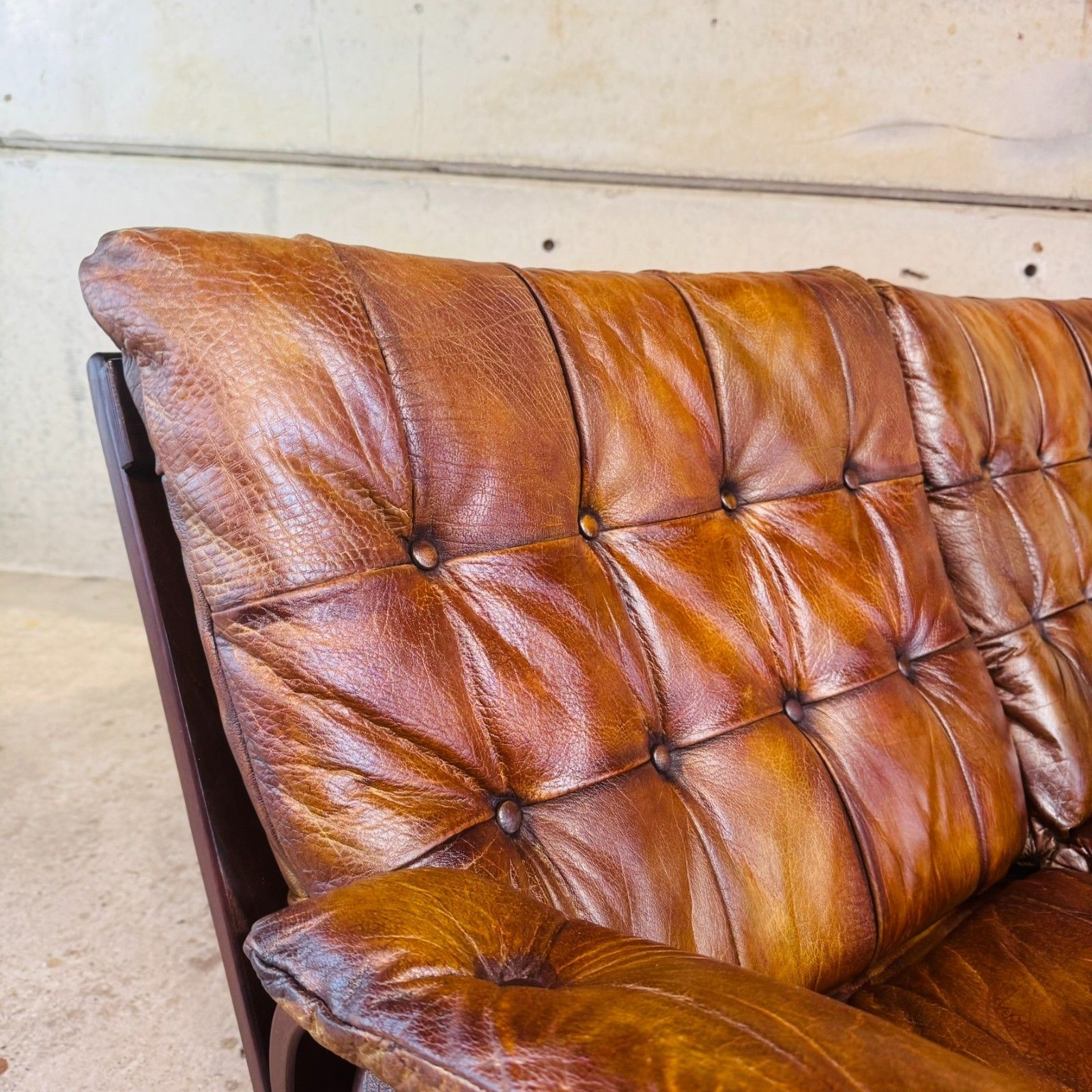 photo furniture 1970s Norwegian Tan Leather 3 Seater Sofa — Rustic Bentwood Frame #A740
