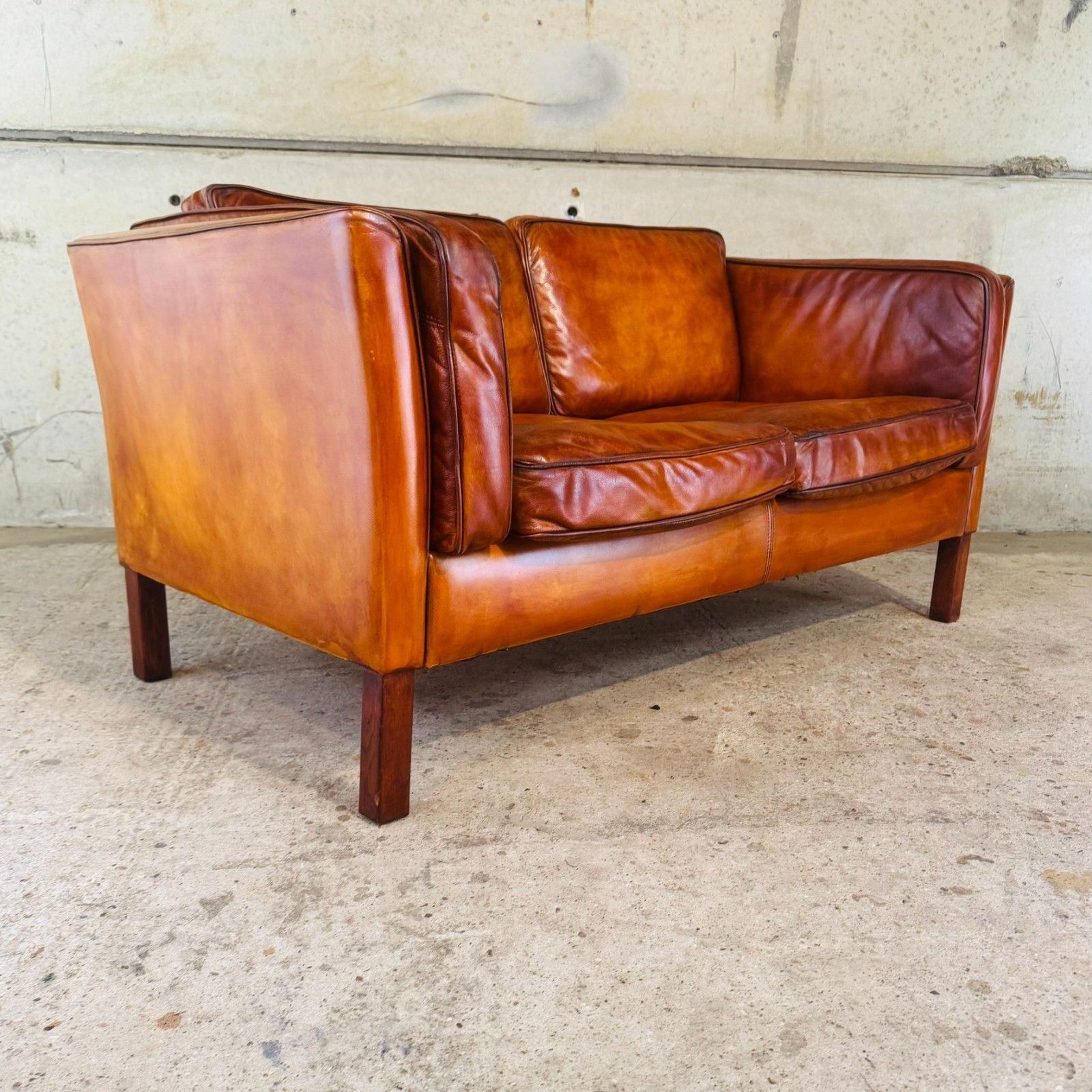 Danish Light Tan Leather 2 Seater Sofa — Elegant Lines #A763 photo for sale