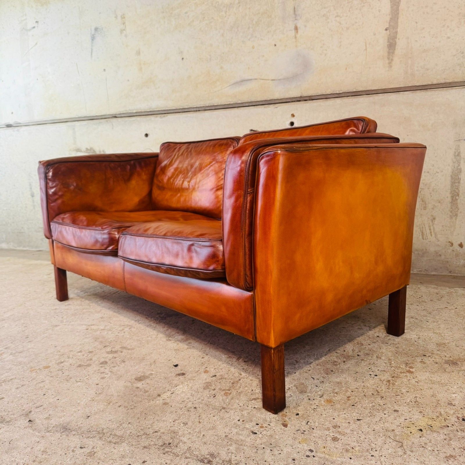 Danish Light Tan Leather 2 Seater Sofa — Elegant Lines #A763 photo buy