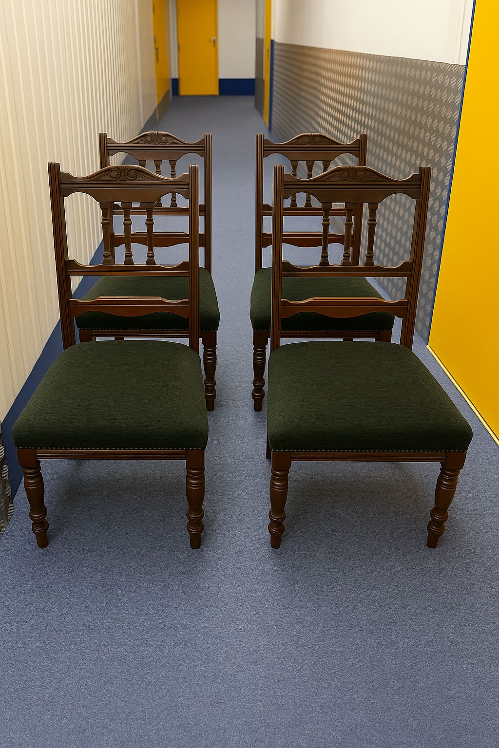 Set Of 4 Dining Chairs + 2 Carvers With Matching Cushions, Early 20th Century