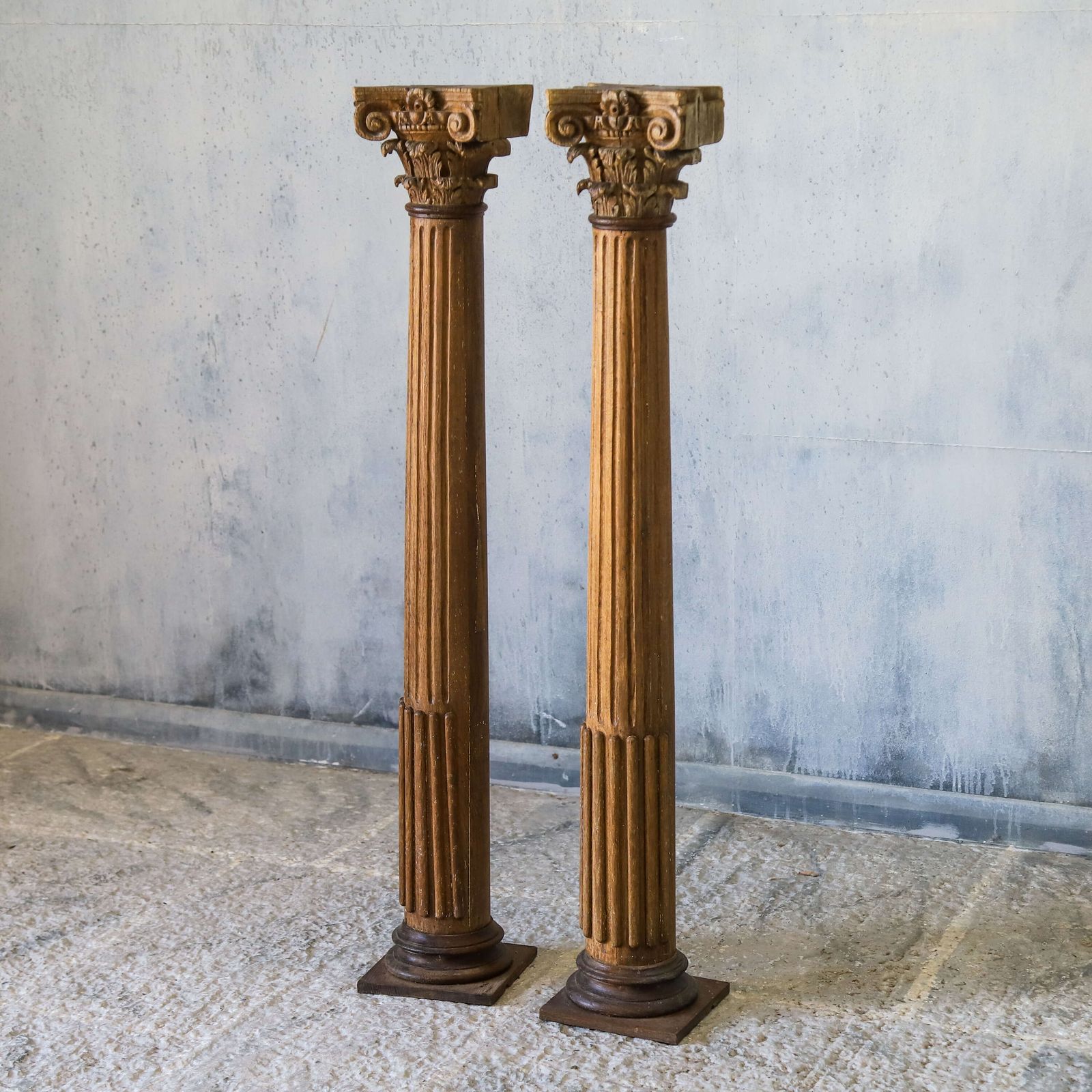 Pair Of Antique Hand Carved Wooden Corinthian Columns   Classical Architectural Display photo for sale
