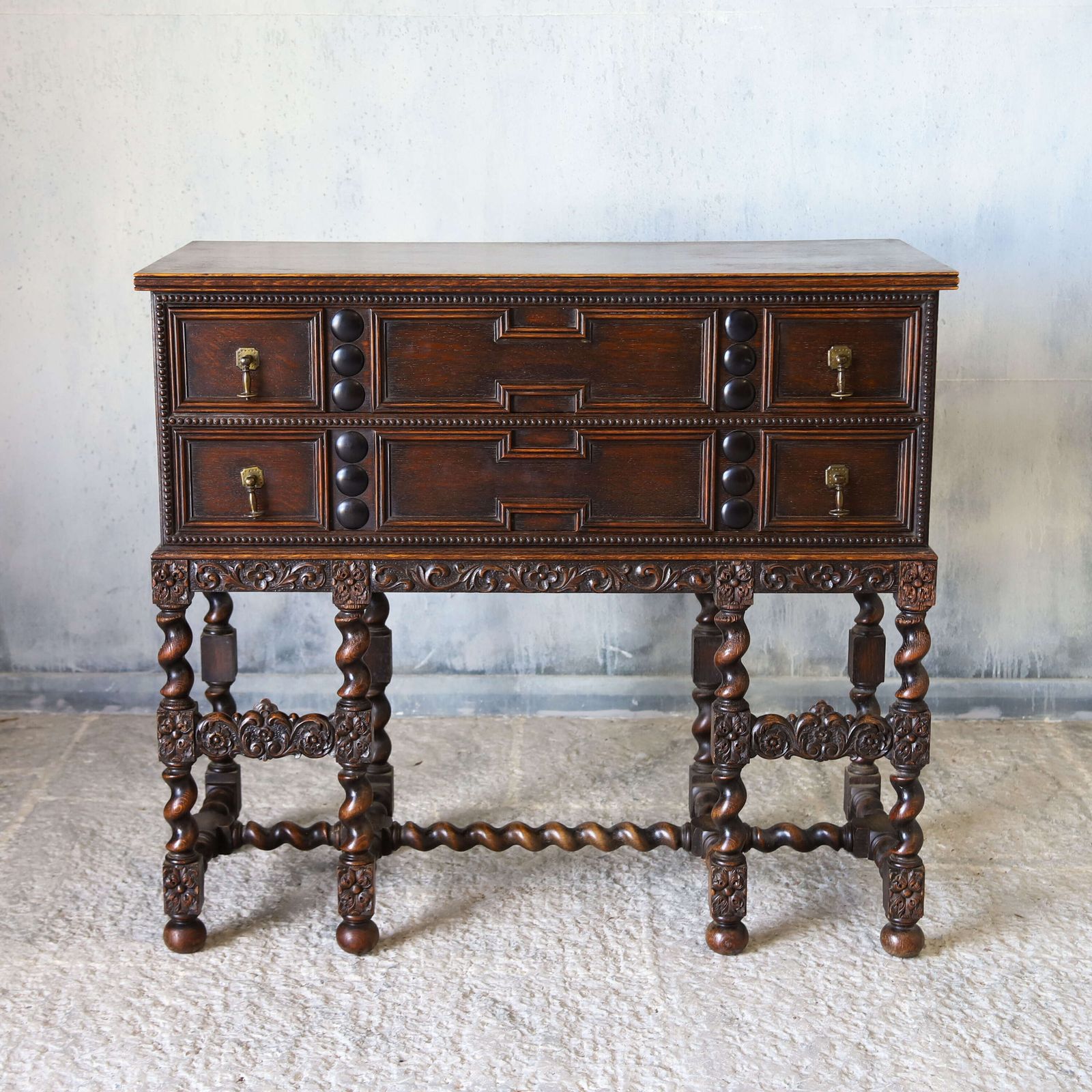 1930s English Oak Sideboard   Carolean Revival   Finely Carved With Barley Twist Supports photo furniture