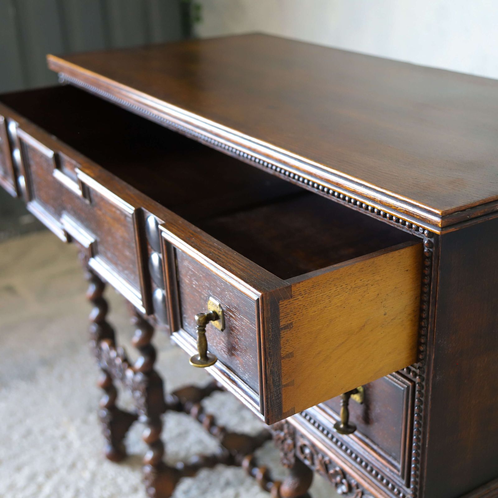 photo furniture 1930s English Oak Sideboard   Carolean Revival   Finely Carved With Barley Twist Supports