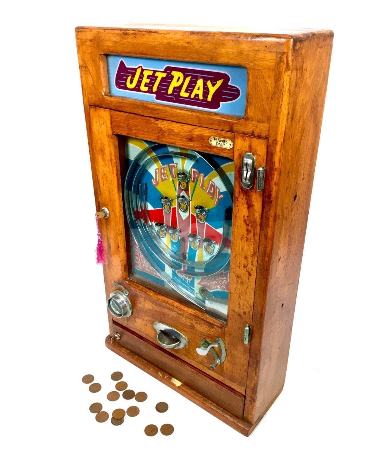 Antique Arcade Coin Operated Penny Machine Jet Play By Oliver Whales C.1954 photo furniture