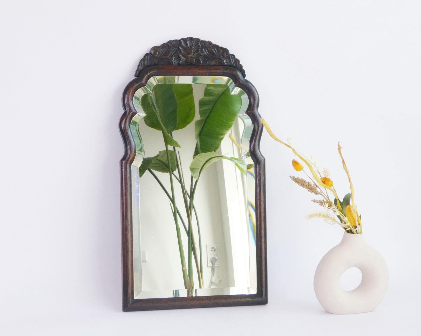 Scalloped Antique Wall Mirror With Carved Ornament, Dark Brown Wooden Mantle Mirror, Dutch Farmhouse Decor Wall Hanging, Beveled Mirror