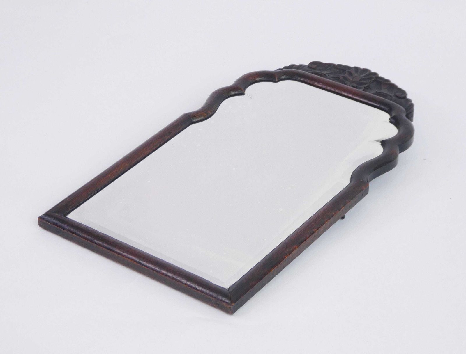 Scalloped Antique Wall Mirror With Carved Ornament, Dark Brown Wooden Mantle Mirror, Dutch Farmhouse Decor Wall Hanging, Beveled Mirror photo vinterior
