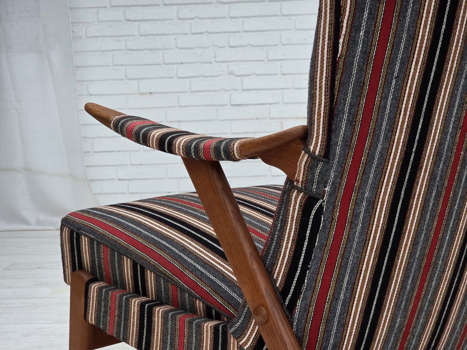 photo furniture 1960s, Swedish Armchair, Striped Furniture Wool Fabric, Oak Wood, Teak Wood.