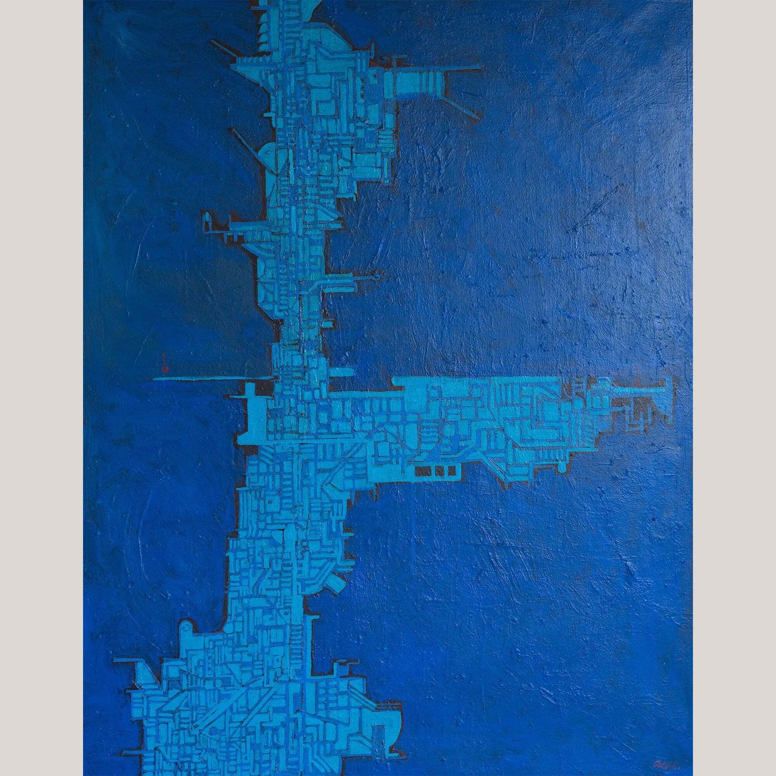 Blauwe Abstracte Geometrische Compositie – 19e Eeuw, Olieverf Op Doek, Door Cellos
