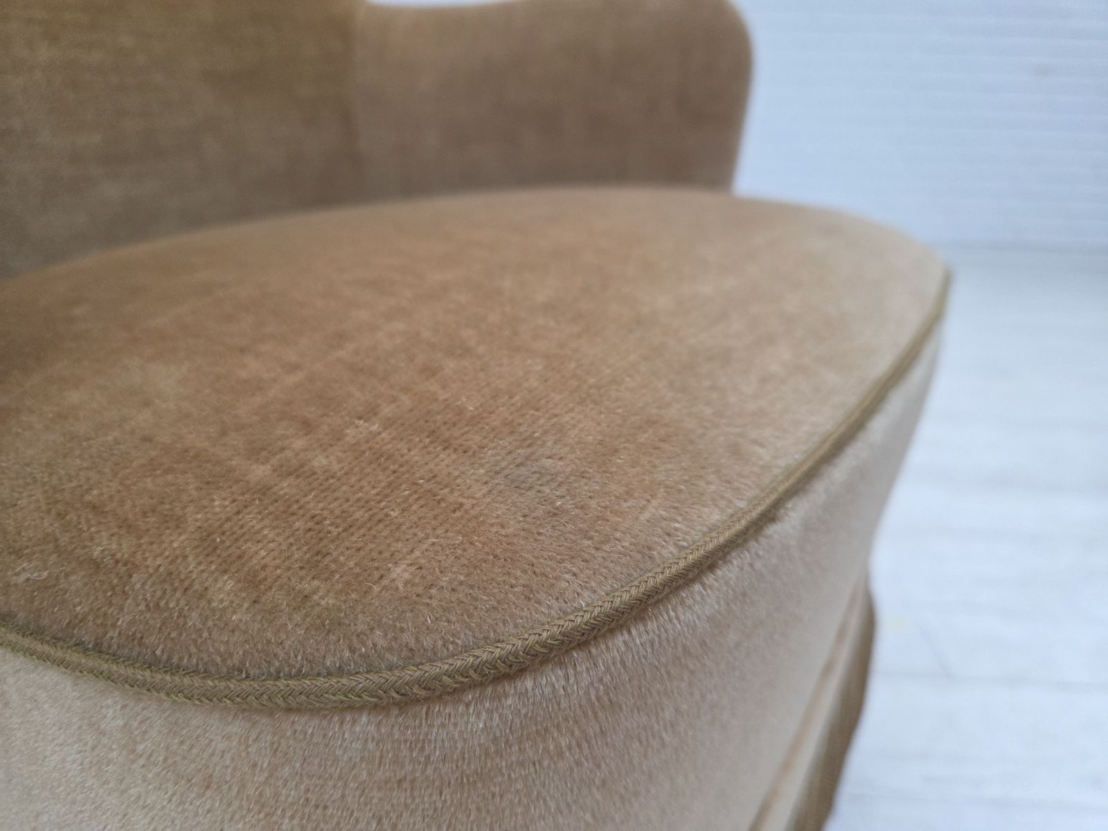 1970s, Danish Highback Armchair, Light Green Furniture Velour. photo vintage